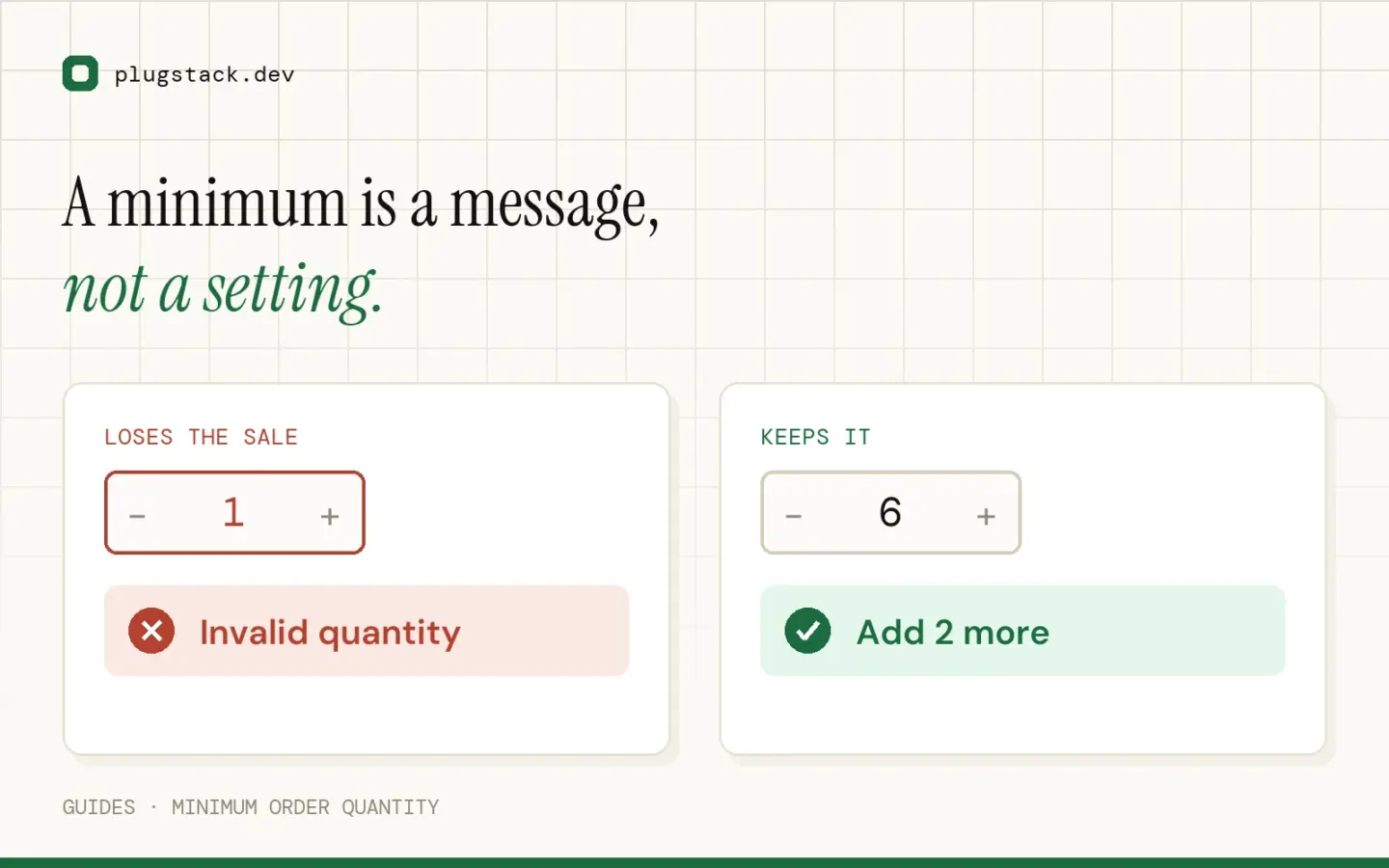 Two WooCommerce quantity fields: an “Invalid quantity” error versus an “Add 2 more” guidance message