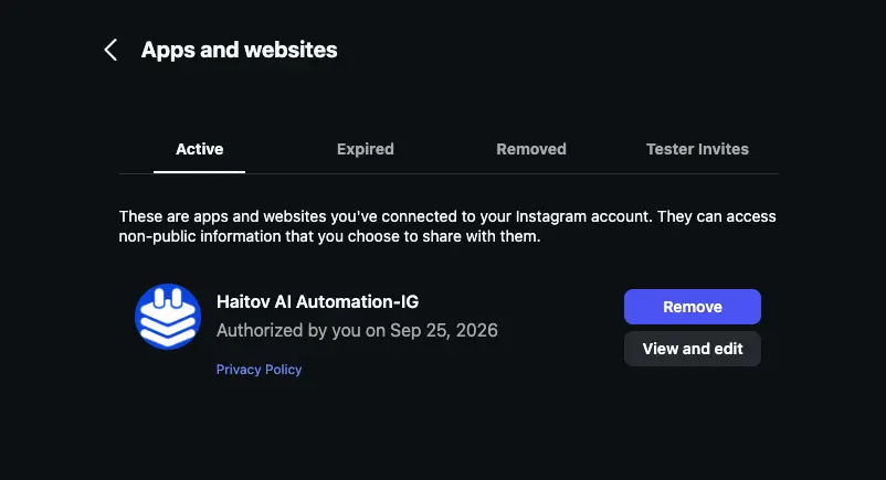 Instagram settings with Allow access to messages turned on for API DM automation