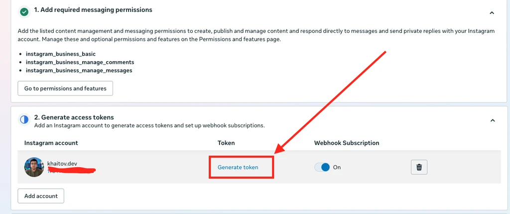 Meta developer app showing Instagram business login access token and account ID for the n8n workflow