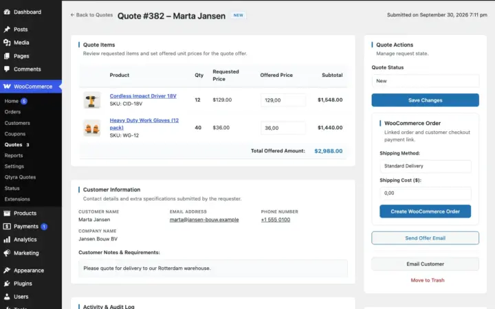 A quote in the WordPress admin with line prices, shipping and a Create WooCommerce Order button