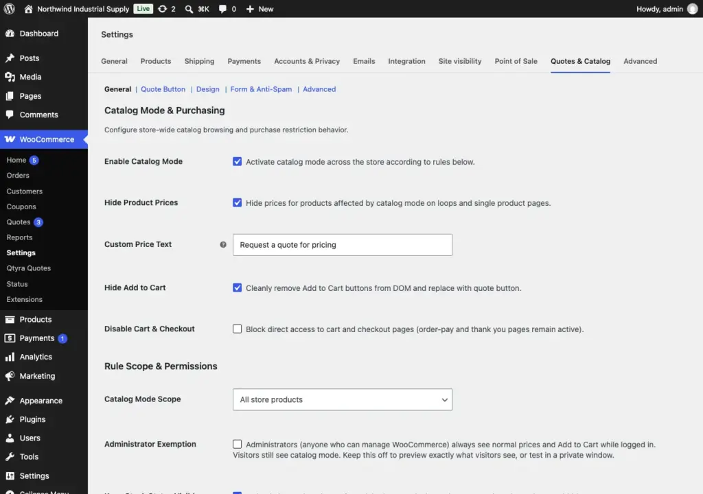 Catalog Mode settings: hide prices, hide Add to Cart, scope and administrator exemption