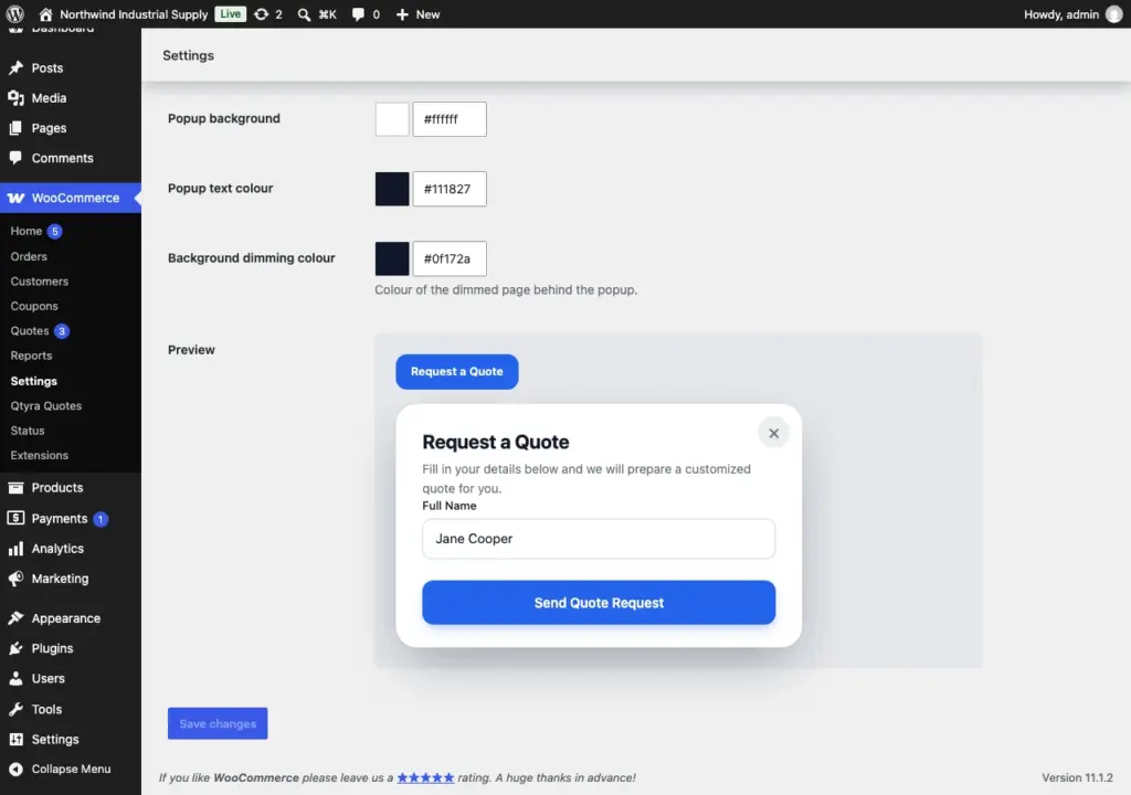 Design settings with colour pickers and a live preview of the button and popup