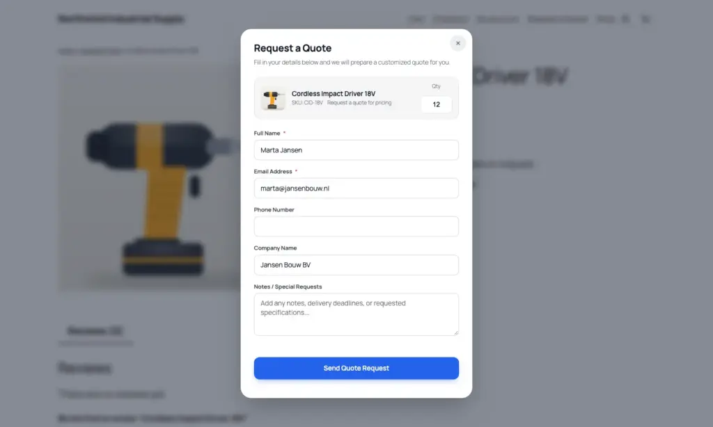 The Request a Quote popup open over a WooCommerce product page, with name, email, company and quantity filled in