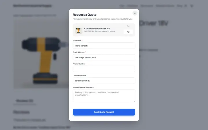 The Request a Quote popup open over a WooCommerce product page, with name, email, company and quantity filled in