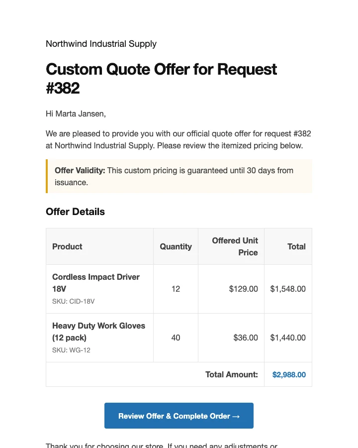 Offer email to the customer with itemised prices and a Review Offer and Complete Order button