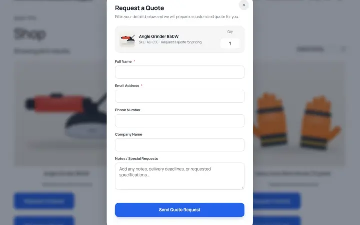 The Request a Quote popup with product, quantity and contact fields over a blurred shop page