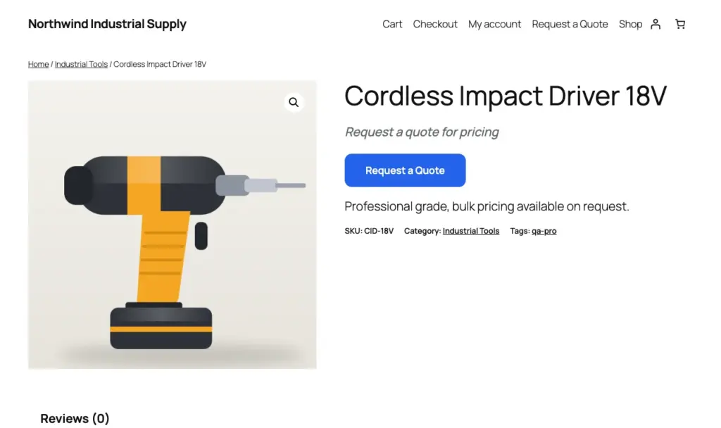 WooCommerce product page where the price is replaced by Request a quote for pricing and a blue Request a Quote button