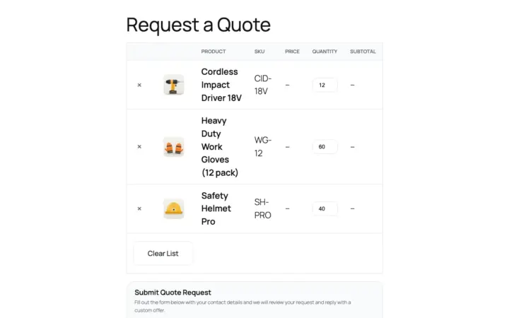 Quote list page with three products, quantities and the request form below