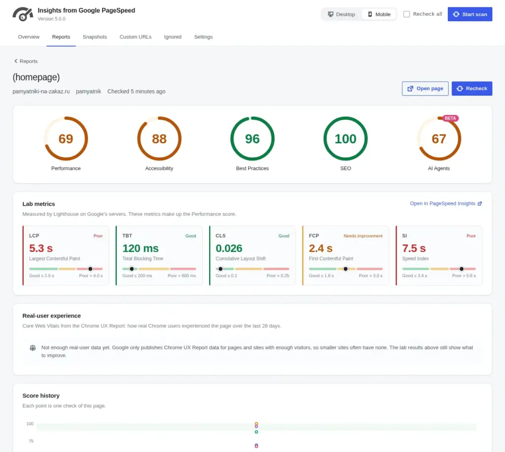 Single page report with lab metrics and real-user data