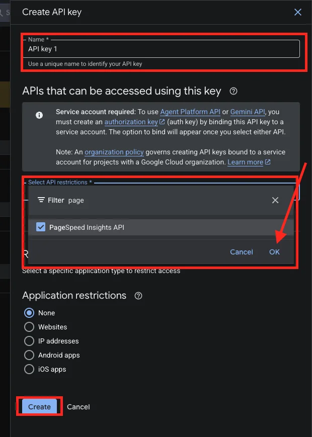 Create API key window with the PageSpeed Insights API restriction and application restrictions set to None