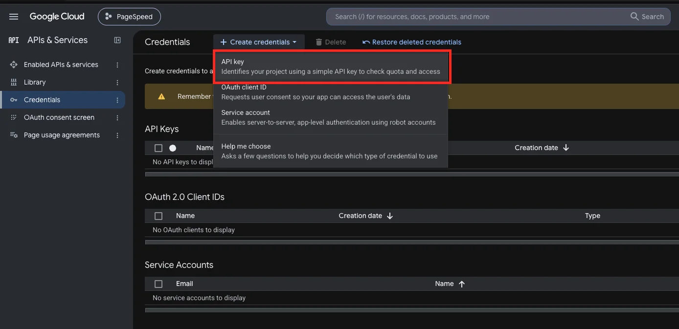 Create credentials menu with API key highlighted
