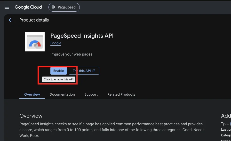 PageSpeed Insights API page with the Enable button