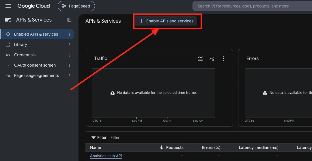 APIs and Services dashboard with the Enable APIs and services button