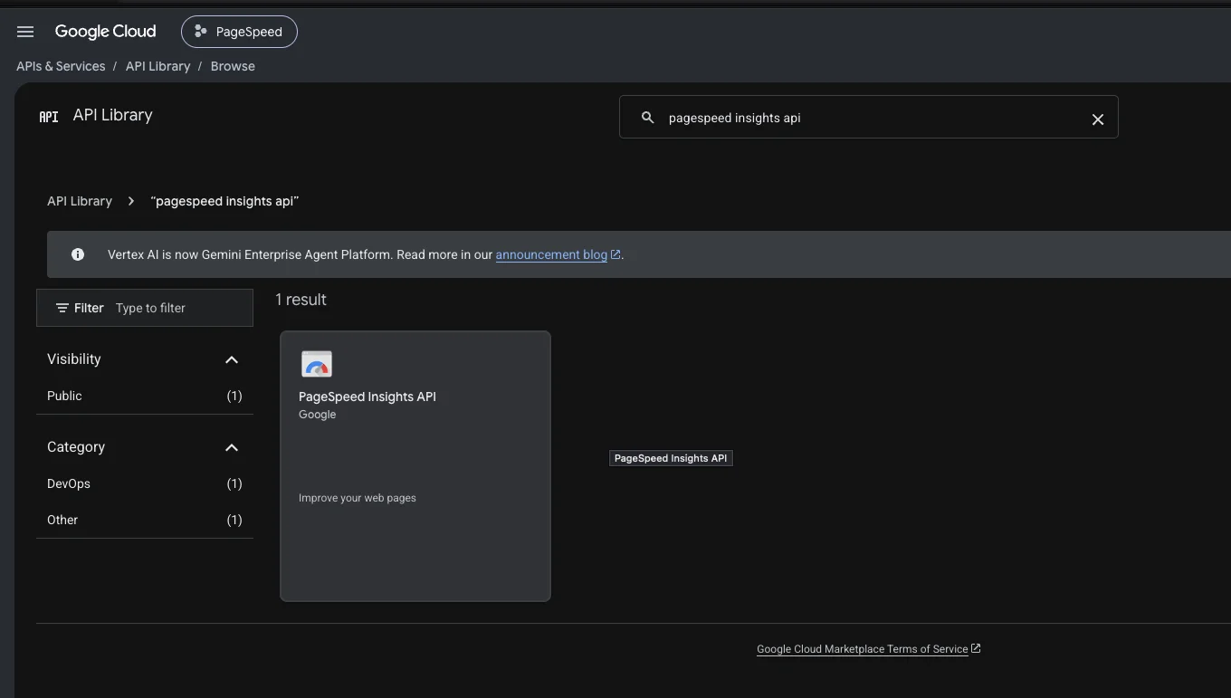 API Library search showing PageSpeed Insights API