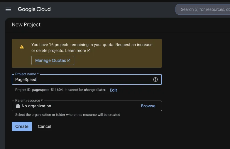 New Project form in Google Cloud with the project name PageSpeed