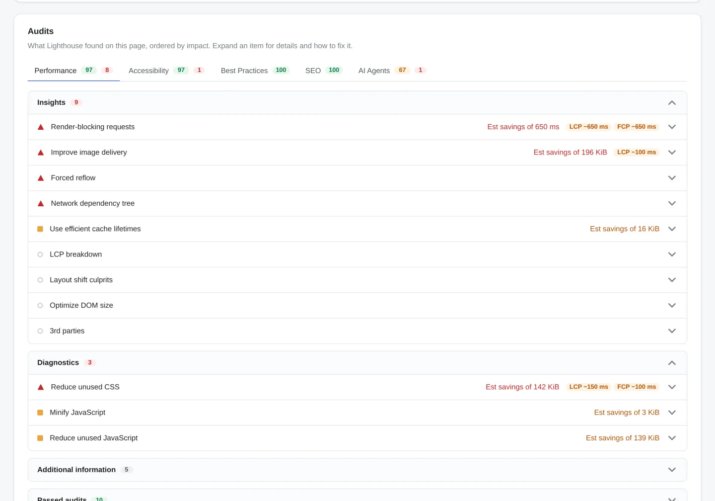 Audits grouped into Insights and Diagnostics with estimated savings