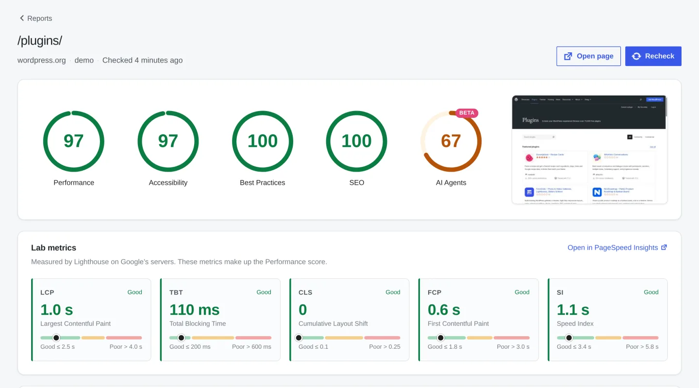 Page report with five category scores, the page screenshot and lab metrics