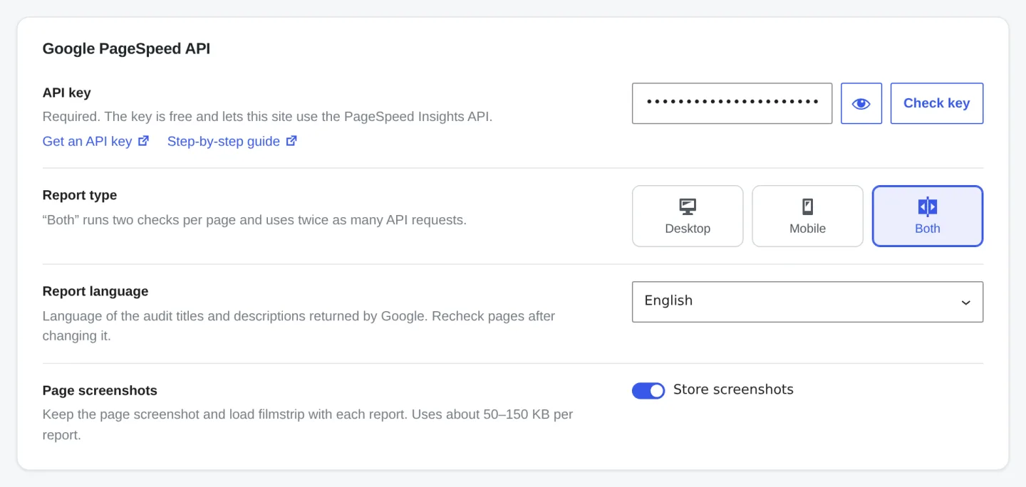 API key field with the Check key button in the plugin settings